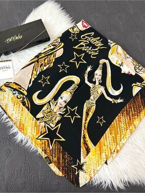 RARE Vintage 90s Bob Mackie Wearable Art Golden Barbie Sketch Square Silk Scarf